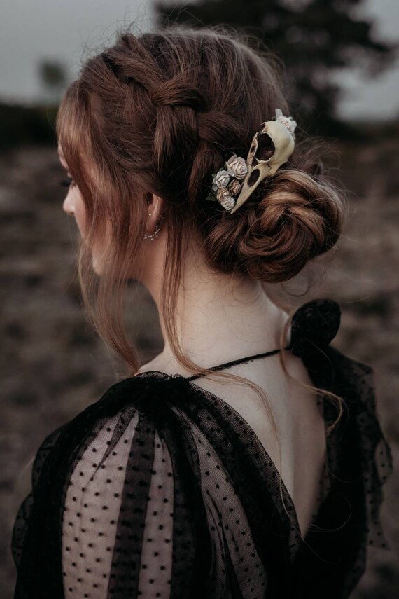 Crow Skull With Roses Bridal Wedding Hair Comb Floral Etsy