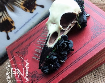 Black rose crow skull hair comb, gothic bridal hair slide, alternative wedding hair accessory