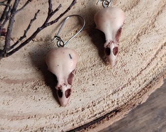 Bird Skull Earrings, replica sparrow skull surgical steel pendant drop earrings, Halloween gothic jewelry