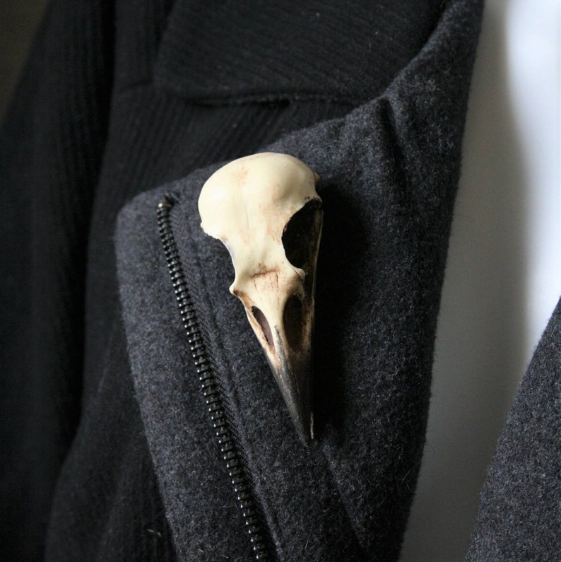 goth Victorian taxidermy jewellery gift by Peculiar by Nature on Etsy Crow skull pin Replica resin bird skull brooch