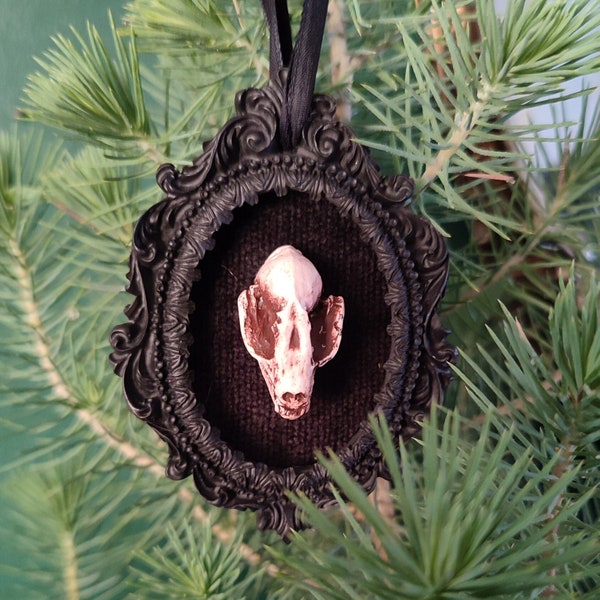 Framed bat skull, gothic tree decoration or wall hanging, replica skull, black victorian macabre wall plaque