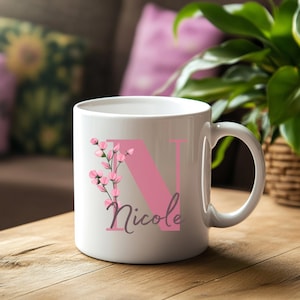 Personalized Floral Name Mug, Custom Floral Name Coffee Cup, Mug Gifts for Her Personalized Name Initial Flower Mug, Flower Name Mug