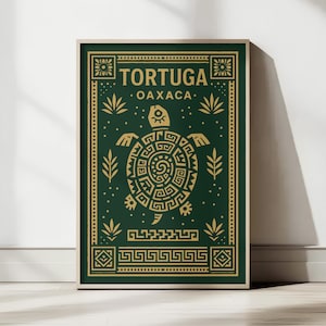 Oaxaca Tortuga Poster, Maya Folk Art Print, Green Gold Turtle Wall Art, Digital Download
