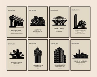 Conjunto de 8 pósteres de arquitectura brutalista: láminas minimalistas de edificios, modernismo de hormigón (descarga digital)