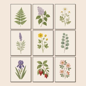 Juego de 9 impresiones botánicas para pared: impresiones vintage de plantas en acuarela, pósteres de herbario, decoración con ilustraciones de la naturaleza, sin texto, imprimibles.