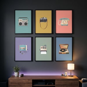 May include: A set of six framed wall art prints featuring illustrations of vintage technology including a boombox, a film camera, a rotary telephone, a cassette player with headphones, an instant camera, and a record player on solid backgrounds.