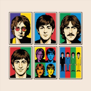 The Beatles Pop Art Poster Set – 6 Prints – Retro Music Wall Art Download