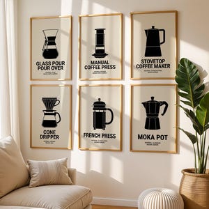 Może przedstawiać: Sześć oprawionych wydruków przedstawiających czarne sylwetki sprzętu do parzenia kawy: szklany pour-over, ręczna prasa do kawy, ekspres do kawy na kuchenkę, dripper stożkowy, prasa francuska i kawiarka Moka. Każdy wydruk ma tekst.