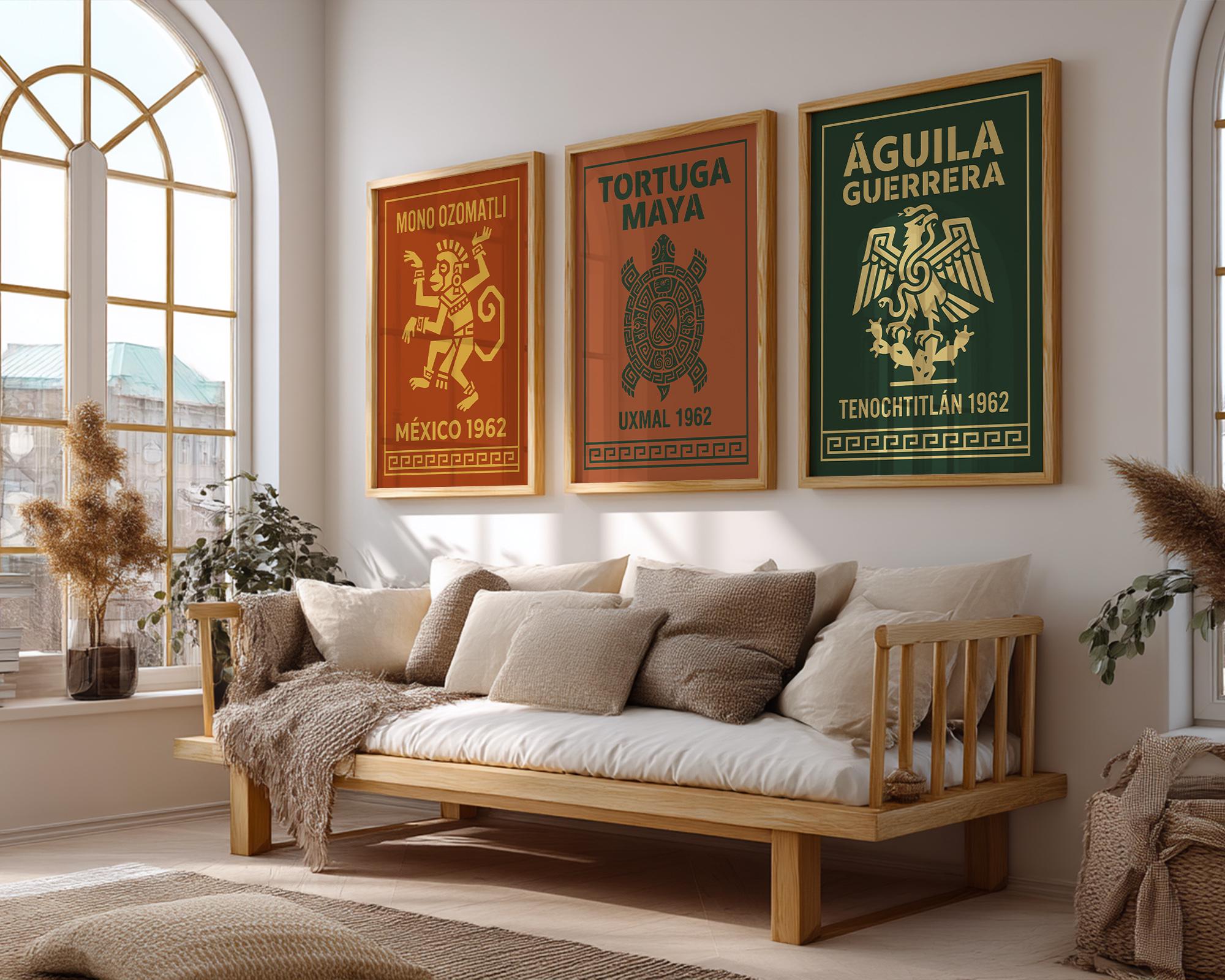 Aztec Mayan Poster Set of 3, Mexican Folk Symbol Prints, Vintage Label ...