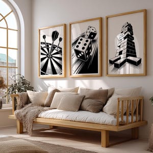 Spielzimmer Poster Set von 3, Darts Würfel Stapeln Blöcke, Minimalistische druckbare Wandkunst