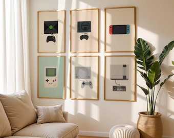 Retro Gaming Console Poster Set — Minimalist Gamer Room, Set of 6 (Digital Download)