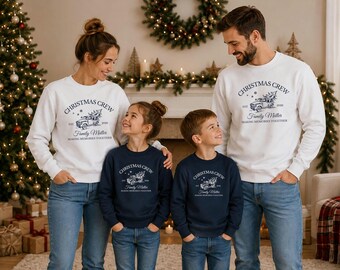 May include: Two white and two navy blue crewneck sweatshirts featuring a graphic of a vintage truck carrying a Christmas tree. The text reads CHRISTMAS CREW, EST 2020, Family Miller, and MAKING MEMORIES TOGETHER in a dark blue font on the chest.