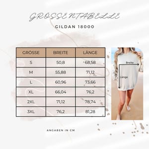 May include: A size chart for a Gildan 18000 sweatshirt, with measurements in centimeters. The chart includes sizes S to 3XL, with corresponding width and length measurements. A photo of a person wearing a sweatshirt is on the right.