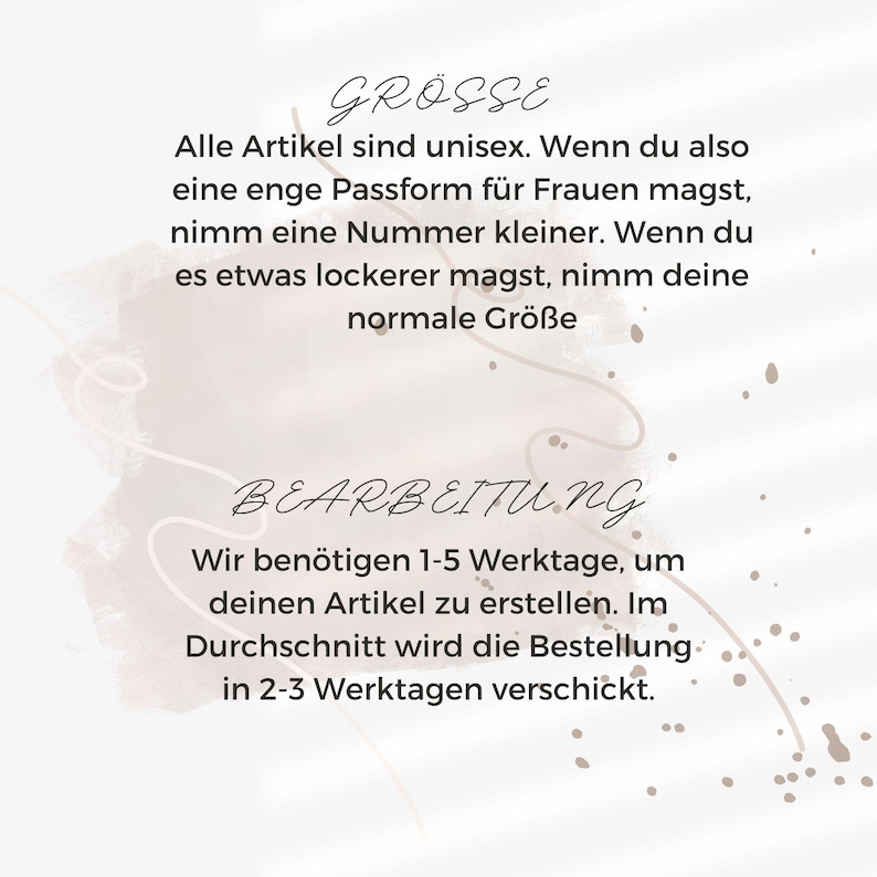 Op de afbeelding: Een wit en beige grafisch ontwerp met Duitse tekst. De tekst bespreekt de maatvoering, stelt dat items unisex zijn en geeft richtlijnen voor de pasvorm. Het vermeldt ook een verwerkingstijd van 1-5 werkdagen.
