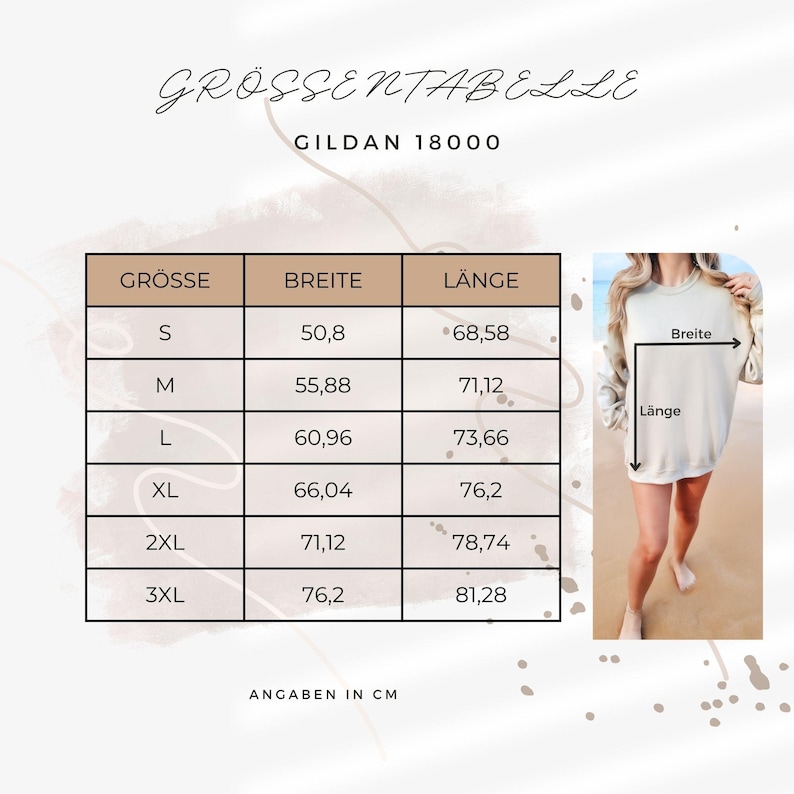 Op de afbeelding: Maattabel voor een Gildan 18000 sweatshirt, met afmetingen in centimeters. De tabel bevat maten S tot 3XL, met bijbehorende breedte- en lengtematen. Een persoon draagt het sweatshirt.