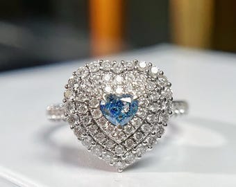 Anello con ciondolo a forma di cuore in oro bianco 18 carati con diamanti blu, design a alone convertibile, regalo di gioielleria raffinata con diamanti naturali, anello regolabile di lusso