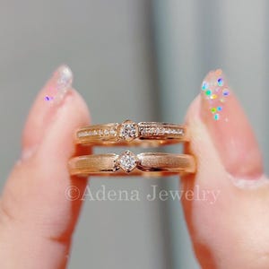 14k Solid Gold Matching Couple Rings Set with Natural Diamonds, Minimalist His and Hers Engagement Wedding Bands, Wedding Anniversary Bands