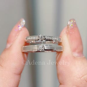 14k Solid Gold Elegant His and Hers Matching Wedding Band Set with Natural Diamond Pave Ring and Matte Finish Band for Couples