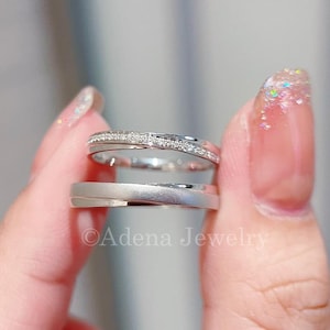 14k Solid Gold Elegant His and Hers Matching Wedding Band Set with Natural Diamond Pave Ring and Matte Finish Band for Couples