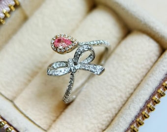 18k Solid Gold Pink Diamond Bow Ring, Certified Natural Fancy Pink Diamond Halo Ring, Real Diamond Engagement Ring, US Size 6 VS Clarity