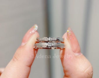 14k Solid Gold Matching Couple Rings with Natural Diamonds, Classic Flat Edge Wedding Bands for Him and Her, Simple Elegant Design