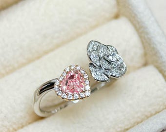 18Kソリッドゴールドピンクダイヤモンドハートリング、認定天然ファンシーピンクダイヤモンドローズフラワーリング、本物のダイヤモンドハローエンゲージリング、VSクラリティ