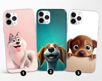 Può includere: Tre custodie per telefono con disegni di cani dei cartoni animati. La prima custodia è rosa con un husky. La seconda custodia è verde acqua con un cane sorridente. La terza custodia è bianca con un cucciolo che tiene un cartello.