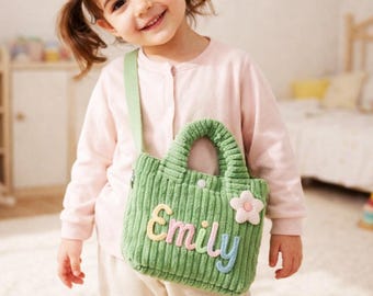 Personalized Corduroy Tote Bag for Kids, Custom Name Toddler Handbag, Preschool Gift, Cute Mini Tote for Boys & Girls