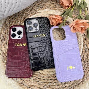 Coque pour iPhone personnalisée en cuir imitation crocodile avec porte-cartes, coque personnalisée pour iPhone 15,14,13,12,11 Pro Max avec initiales