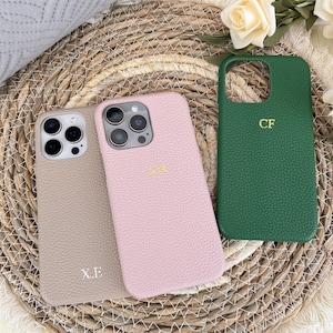 Gepersonaliseerde leren tas iPhone 16 15 14 13 12 Pro Max, aangepaste initialen telefoonhoes, monogram veganistisch kiezelleer, 13 mini, 13 Pro