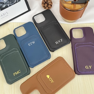 Custom Leather Phone Case for iPhone 16 15 14 Pro Max With Card Holder, Personalized Phone Cases, Initial Monogram, Christmas Gift for her