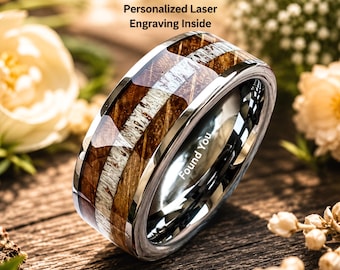 8mm Whisky Barrel Wood & Deer Antler Inlay Tungsten Wedding Band, Personalized Engraving (Black)