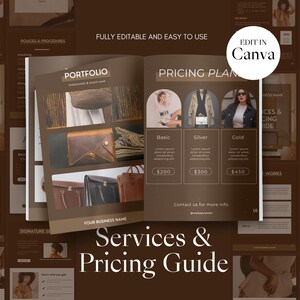May include: A Services & Pricing Guide with a brown and white color scheme. The guide includes a portfolio section with images of bags and a pricing plan with three tiers. Text includes "Fully Editable and Easy to Use" and "Edit in Canva."