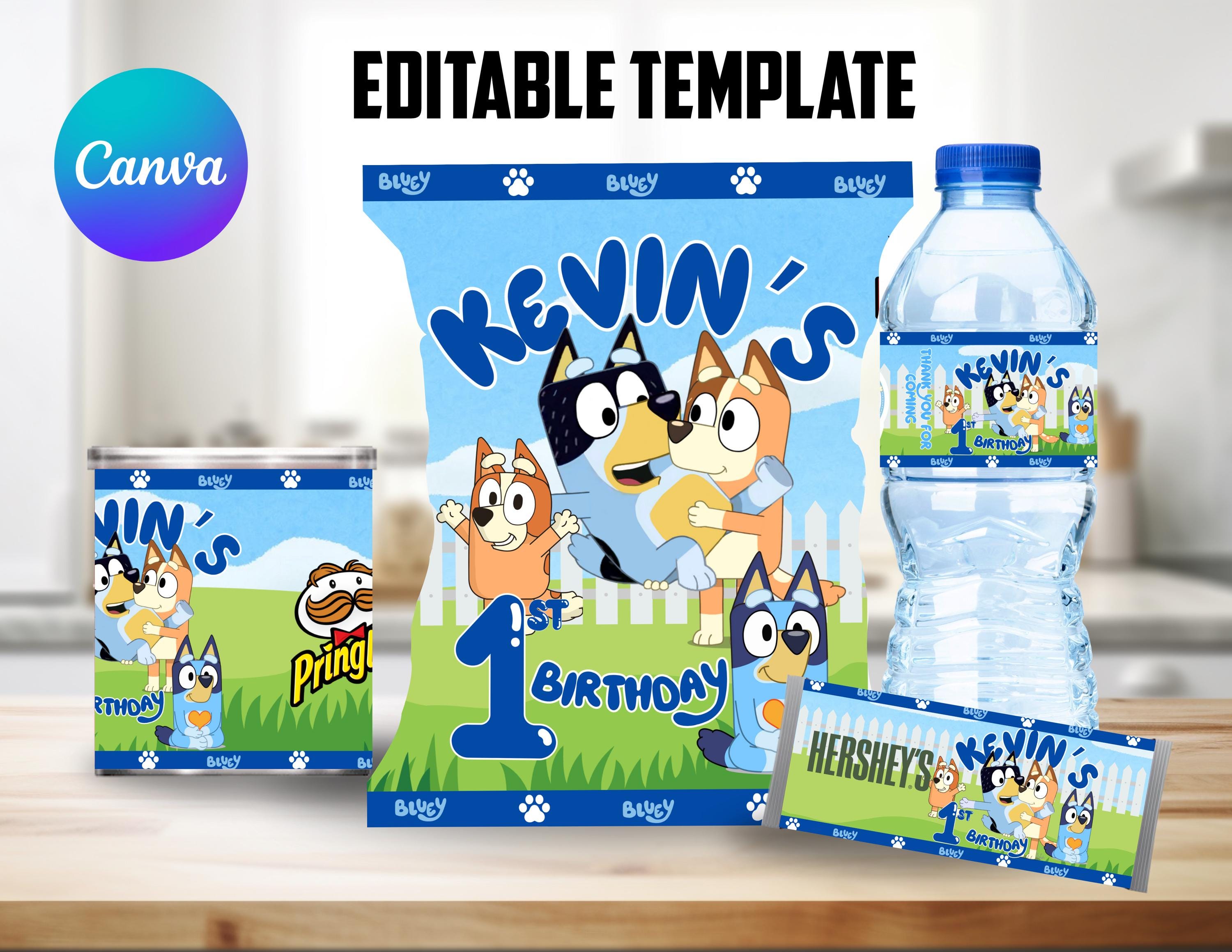 Editable Bluey Chip Bag, Pringles Label, 8oz Water Bottle Label & Hersey Wrapper Template