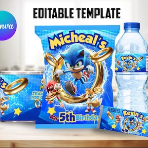 Edytowalny szablon płóciennej torby na chipsy Sonic, etykiety na Pringles, etykiety na butelkę z wodą i opakowania Hersey