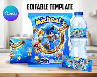 Editable Canvas Sonic Chip Bag, Pringles Label, Water Bottle Label & Hersey Wrapper Template