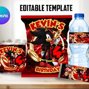 Modello modificabile per sacchetto di patatine Shadow Hedgehog in tela, etichetta Pringles, etichetta per bottiglia d'acqua da 8 once e involucro Hersey