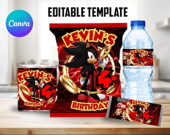 Editable Canvas Shadow Hedgehog Chip Bag, Pringles Label, 8oz Water Bottle Label & Hersey Wrapper Template