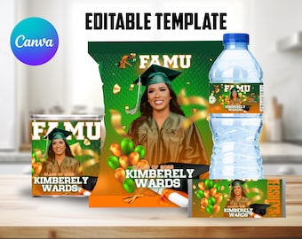 Editable FAMU Chip Bag, Pringles Label, 8oz Water Bottle Label & Hersey Wrapper Template