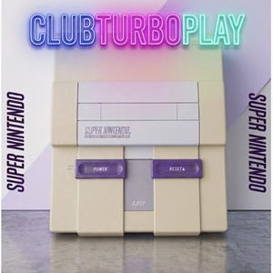 May include: A beige Super Nintendo Entertainment System console featuring a gray cartridge slot, a central eject button, and two purple power and reset switches. The text CLUBTURBOPLAY appears in neon blue and pink above the console unit.