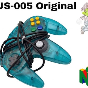 May include: A translucent teal video game controller with a black cord wrapped around it, featuring yellow, green, and blue buttons, a grey analogue stick, and a directional pad. The text NUS-005 Original appears above, with a Mario graphic and N64 logo.