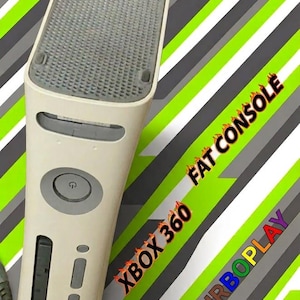 May include: An off-white Xbox 360 fat console featuring a grey power button, a disc drive slot, and a textured grey top panel. The text XBOX 360 FAT CONSOLE and CLUBTURBOPLAY is visible on the right side against a diagonal striped background.