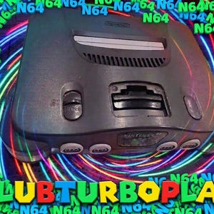 May include: A dark grey Nintendo 64 video game console featuring a cartridge slot, a power switch, a reset button, and four controller ports on the front. The console is surrounded by a swirling neon light effect and the repeated text N64.