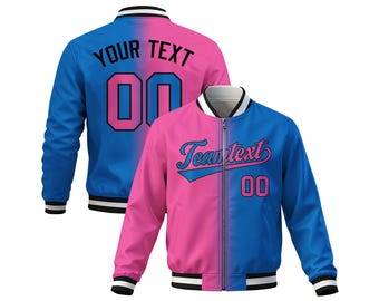 Custom Varsity Jacket Personalized Team Name Number | Pink Blue Split Color Baseball Bomber Jacket Zip-Up Sports Jacket for Men Women Youth