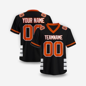 Custom Black Orange Football Jersey with Name & Number | Heat Press or Embroidered Team Uniform for Game Day