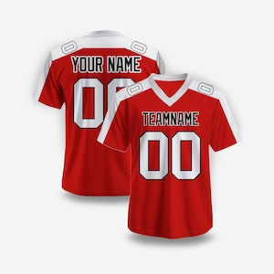 Custom Red and White Rugby Jersey Personalized with Stitch Embroidery or Heat Print Custom Name and Number for Teams Sports and Events