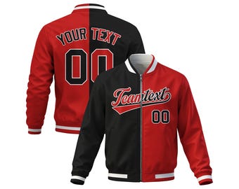 Custom Varsity Jacket Personalized Team Name Number | Red Black Split Color Baseball Bomber Jacket Zip-Up Sports Jacket for Men Women Youth