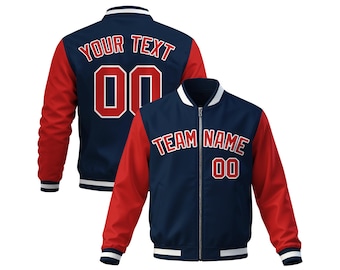 Custom Varsity Jacket Personalized Team Name Number | Navy Blue Red Sleeve Baseball Bomber Jacket Zip-Up Sports Jacket for Men Women Youth