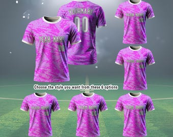 Camiseta de fútbol rosa personalizada / Nombre y número personalizados / Impresión con prensa térmica / Uniforme deportivo de equipo / Camiseta deportiva transpirable
