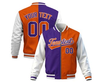 Custom Varsity Jacket Personalized Team Name Number | Orange Purple Split Color Baseball Bomber Jacket Zip-Up Sports Jacket  Men Women Youth